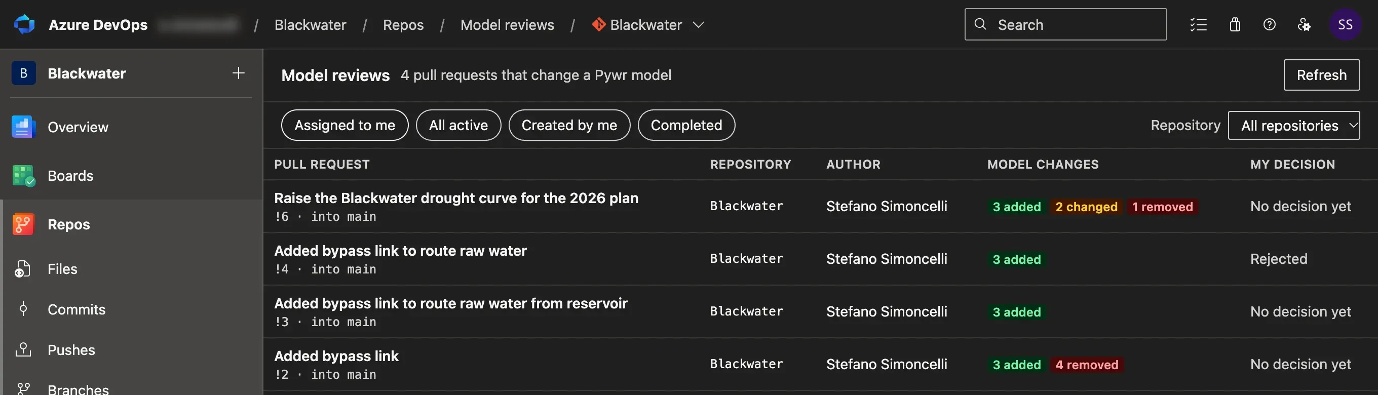 The Model reviews page under Repos, with four pull requests. The first one, Raise the Blackwater drought curve for the 2026 plan, adds 3 components, changes 2 and removes 1, and has no decision yet.