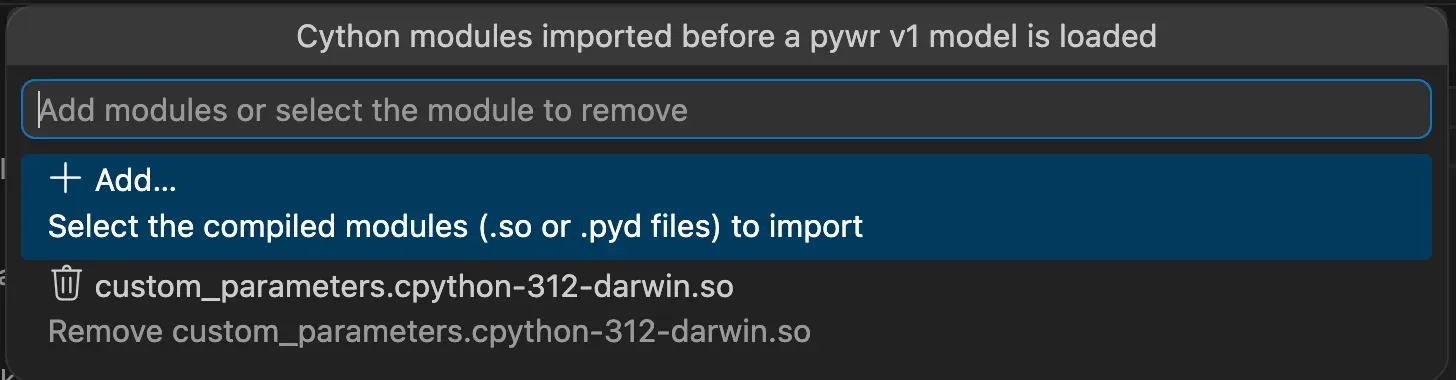 The list of the Cython modules: an Add item, and one module with its path, which is removed when selected.