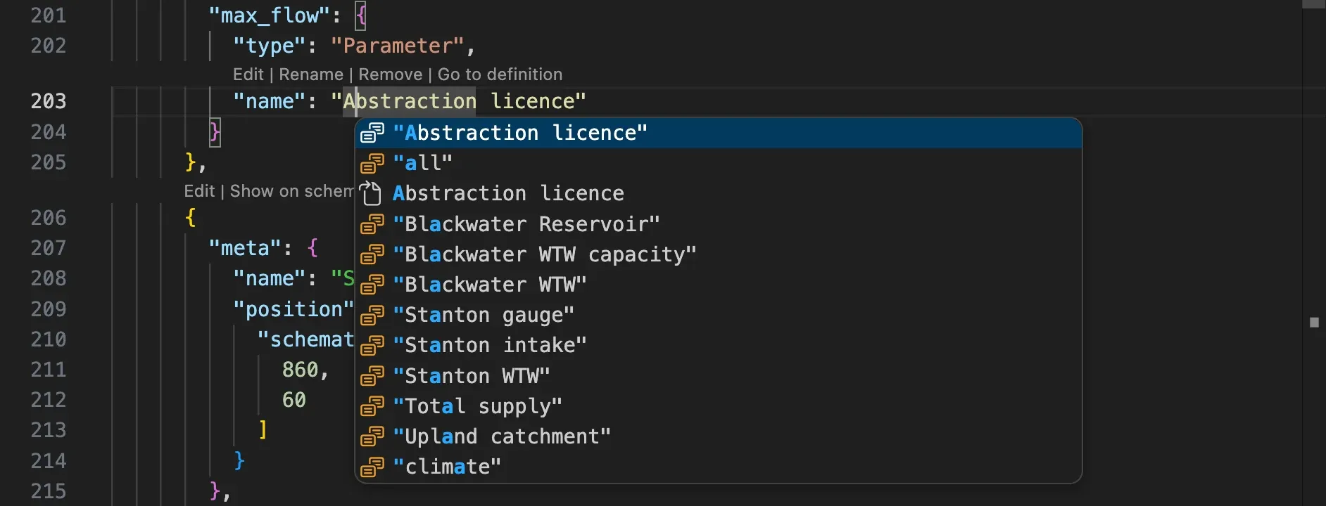 The editor suggesting the names of the parameters of the model where a parameter name is expected.