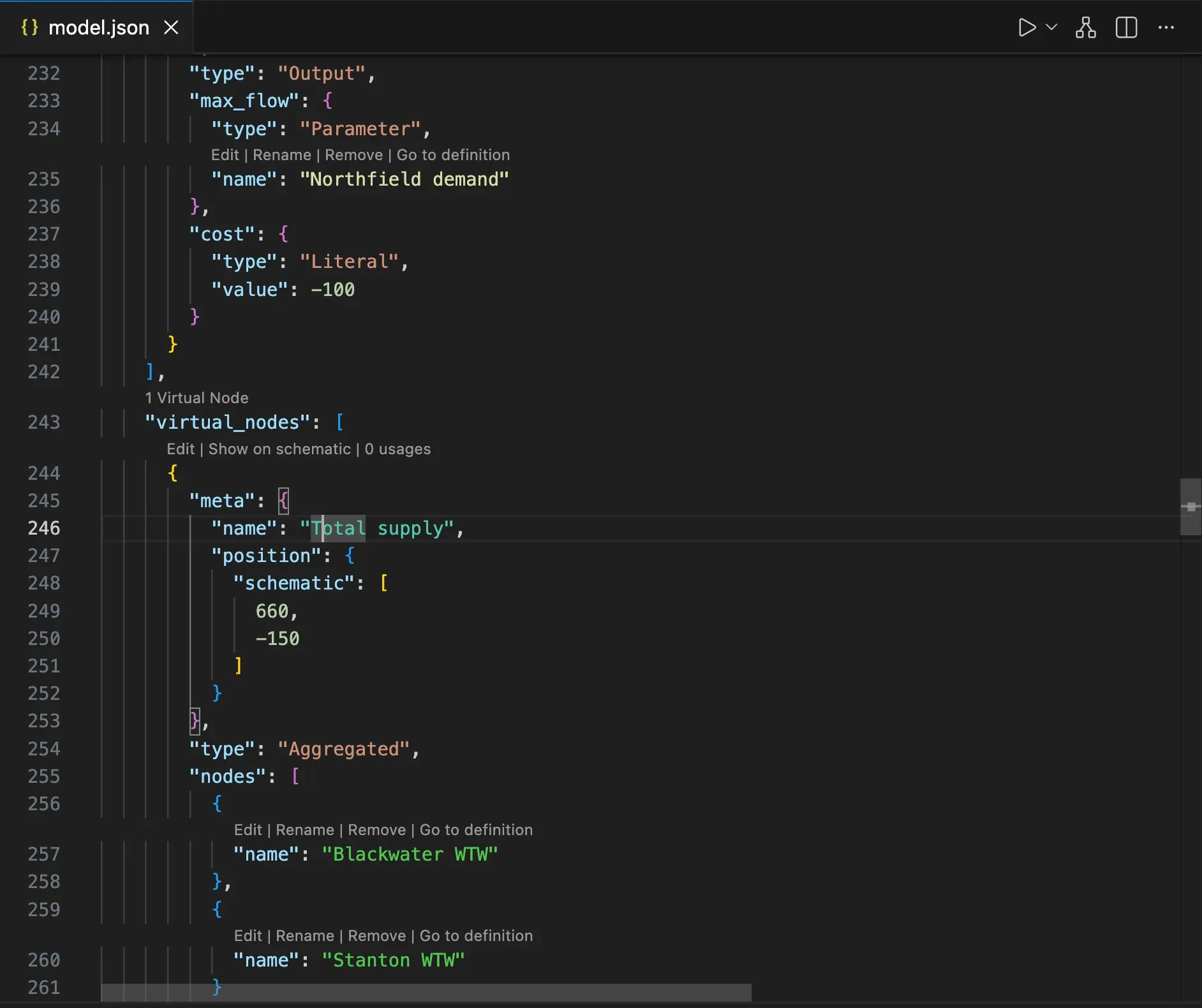 The JSON file of a model with the parameter Northfield demand in yellow in the max_flow of a node, the virtual node Total supply in teal and the nodes it aggregates, Blackwater WTW and Stanton WTW, in green.