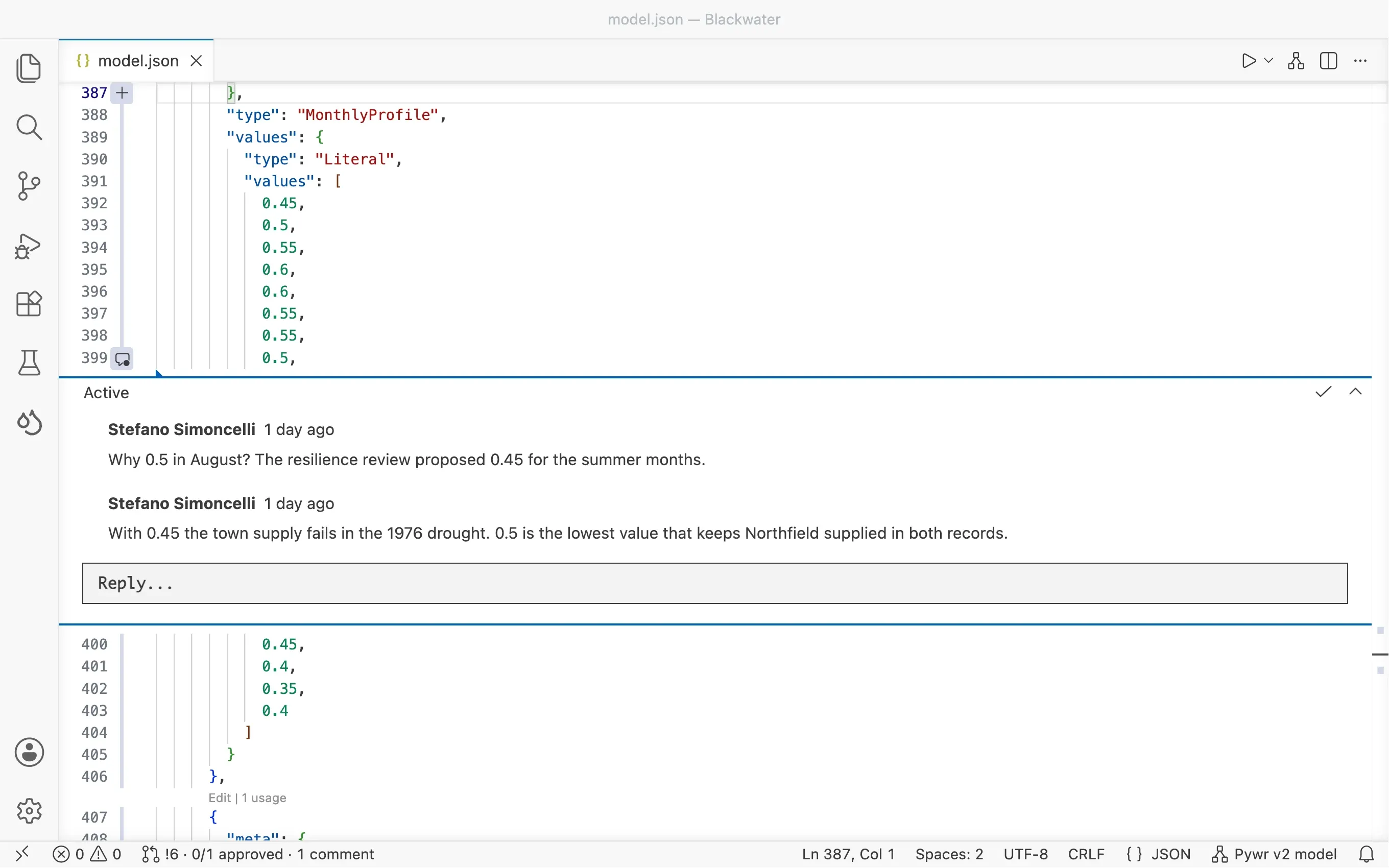 The drought curve of model.json with an active thread under the August value: a question about the value and the reply of the modeller, with the reply box and the button to resolve it. The status bar shows pull request 6, 0 of 1 approved and 1 comment.