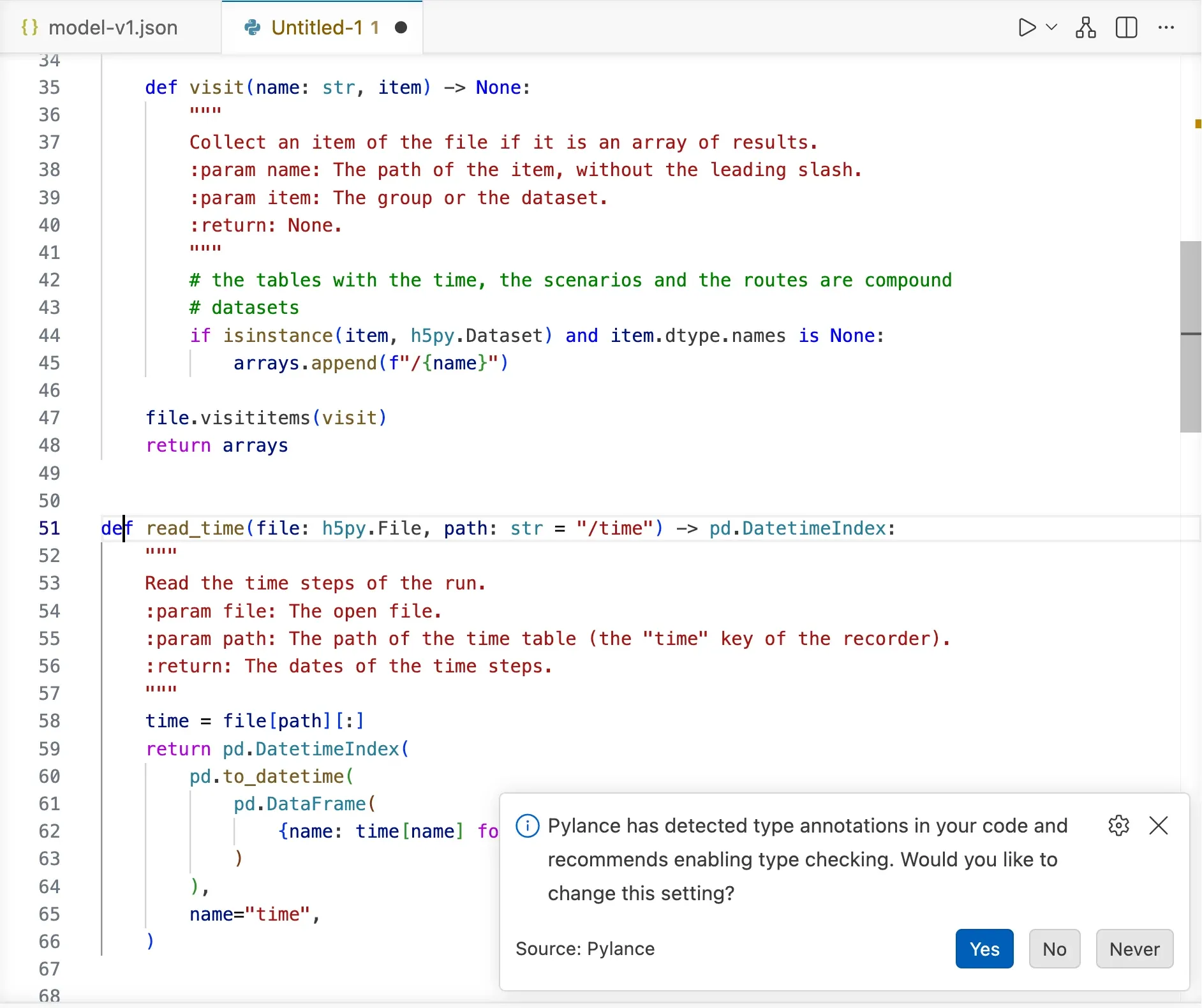 The script that opens a TablesRecorder file: a function that lists the arrays of the file and one that reads the time steps as dates.